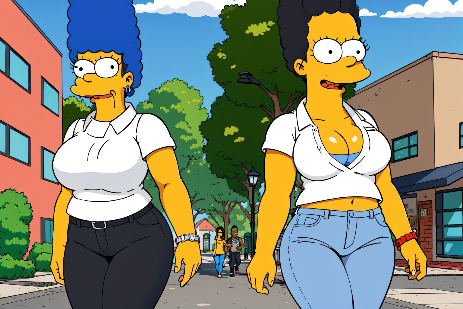 a woman with sexy body and outfit, black hair, walking in the sidewalk with a man by her side, EdobSimpsons  <lora:EdobSimpsons_v1.1:0.8>