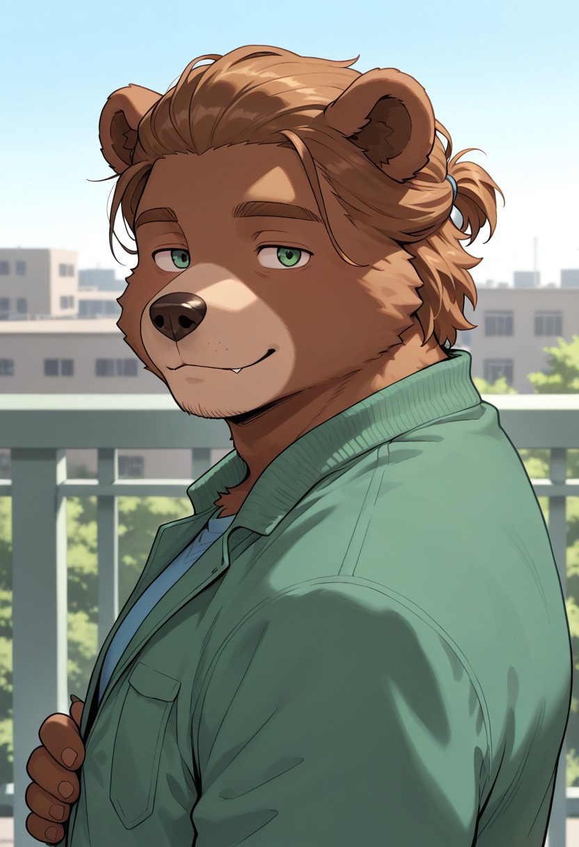 masterpiece, best quality, amazing quality, solo, 1boy, bear, furry bear, bearian, hairstyle backwards, blue tshirt, green jacket, shirt, green eyes, short hair, looking at viewer, portrait, relaxed expression, on a balcony, looking to the sky
BREAK masterpiece, best quality, amazing quality, very aesthetic,highres, absurdres, detailed eyes, beautiful, detailed background