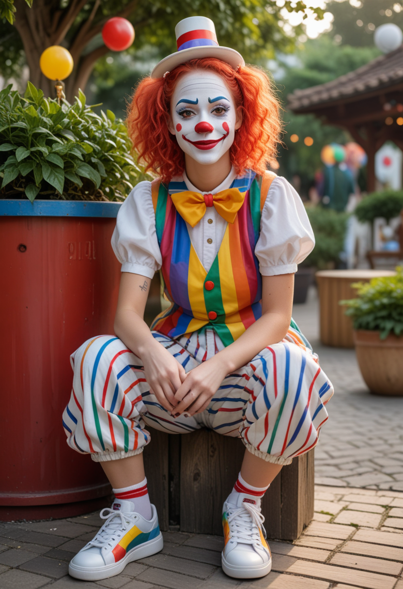(medium full shot) of  (lovely clown) young woman, red plastic nose, white face paint, hair with a top hat,  wearing a striped  clown vest with big buttons,oversized colorful pants,colorful sneakers, rubber chicken, rainbow face paint, set in  Seating Area, Relaxed space with wooden benches arranged around a central fountain, decorative lanterns casting a soft glow in the evening, potted plants adding a touch of greenery, a canopy providing shade on sunny days, a trash bin discreetly placed for convenience, woman smiling at the viewer, Masterpiece,best quality, photo, realistic, very aesthetic, detailed face,