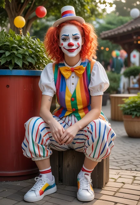 (medium full shot) of  (lovely clown) young woman, red plastic nose, white face paint, hair with a top hat,  wearing a striped  clown vest with big buttons,oversized colorful pants,colorful sneakers, rubber chicken, rainbow face paint, set in  Seating Area, Relaxed space with wooden benches arranged around a central fountain, decorative lanterns casting a soft glow in the evening, potted plants adding a touch of greenery, a canopy providing shade on sunny days, a trash bin discreetly placed for convenience, woman smiling at the viewer, Masterpiece,best quality, photo, realistic, very aesthetic, detailed face,