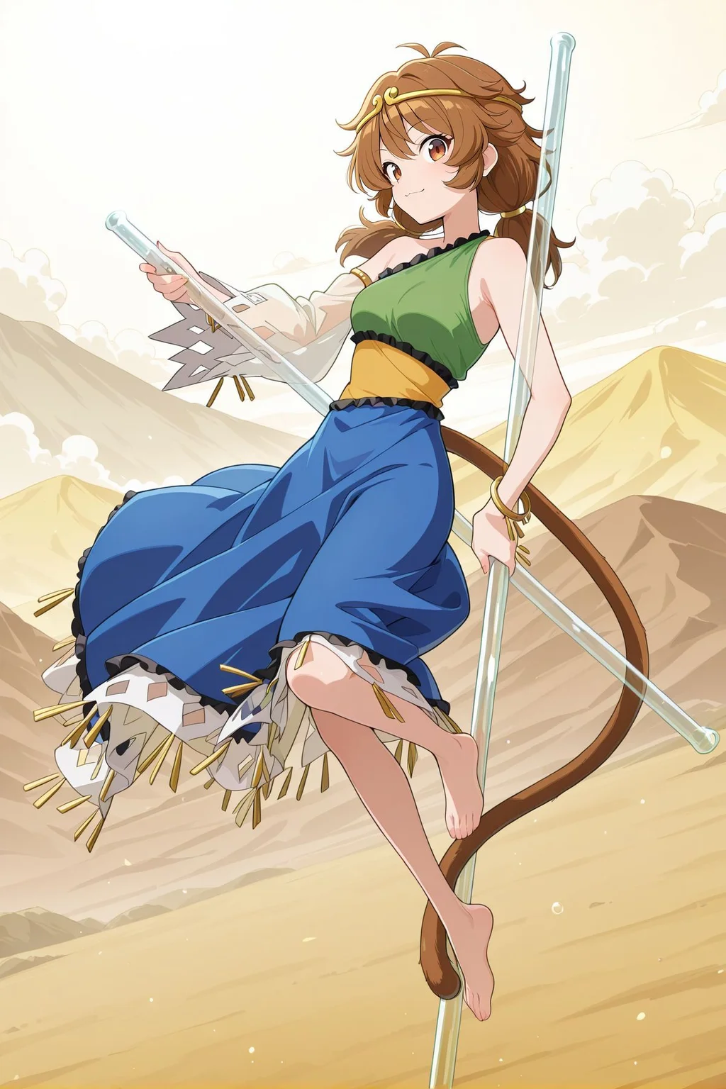 absurdres, highres, masterpiece, best quality, amazing quality, official anime artwork, screencap, anime screencap, outdoors, looking at viewer, light smile, dynamic pose, 
yellow sky, cloud,  mountains, 
<lora:Son-Biten_Illustrious:1> son biten, 1girl, solo, brown eyes, brown hair, long hair, low twintails, antenna, monkey tail,, gold circlet, jewelry, green dress, sleeveless dress, single-shoulder dress, single detached sleeve, bracelet, yellow dress, blue skirt, holding rod, ruyi jingu bang,  transparent rod, :3, feet on rod,