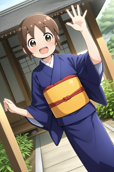 masterpiece, best quality, amazing quality, absurdres, solo, sekioriko, smile, short, small, open mouth, arm up, waving, dutch angle, looking at viewer, short brown hair, blue kimono, yellow obi, outdoors, ryokan, garden, east asian architecture, pond