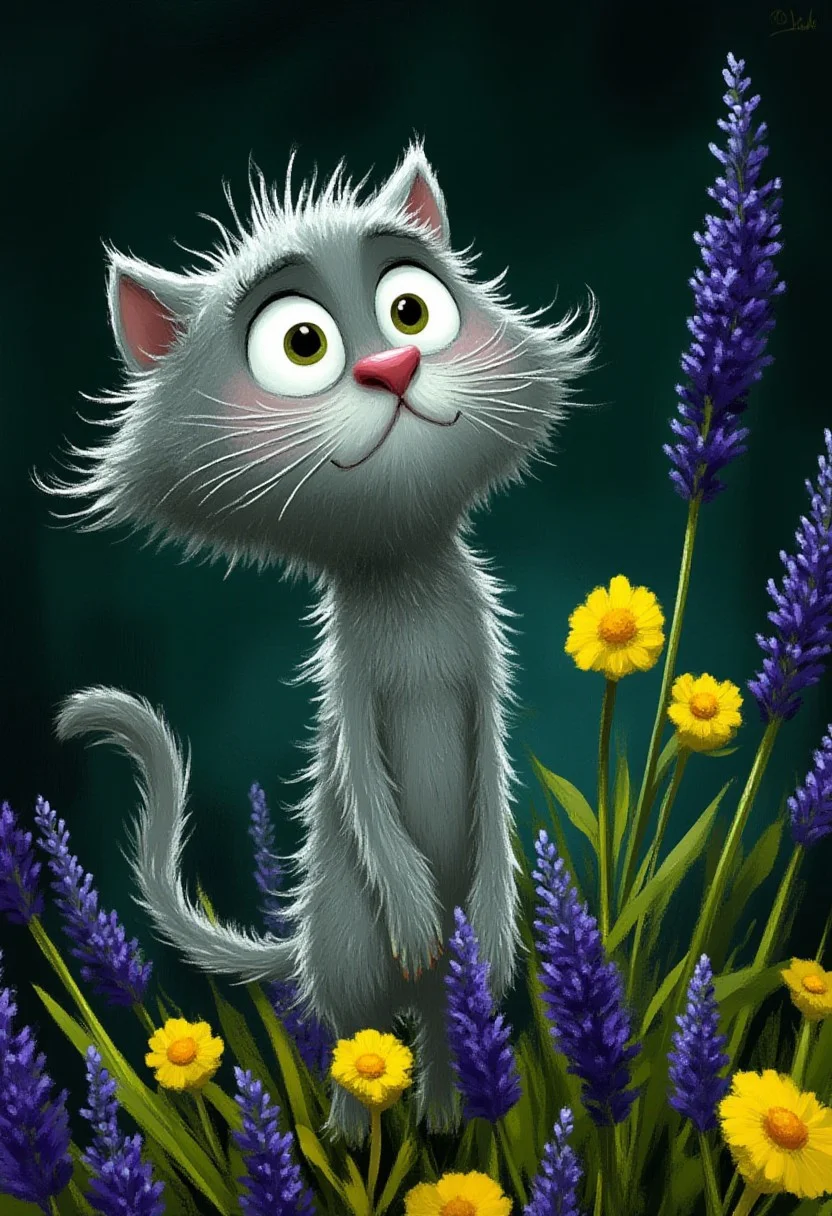 A whimsical illustration of a grey cat with spiky fur in dark whimsical art style, standing among lavender and yellow flowers, digital painting with expressive brushstrokes showing textured fur, dark green background, characteristic Tim Burton inspired design with huge round eyes and pink nose