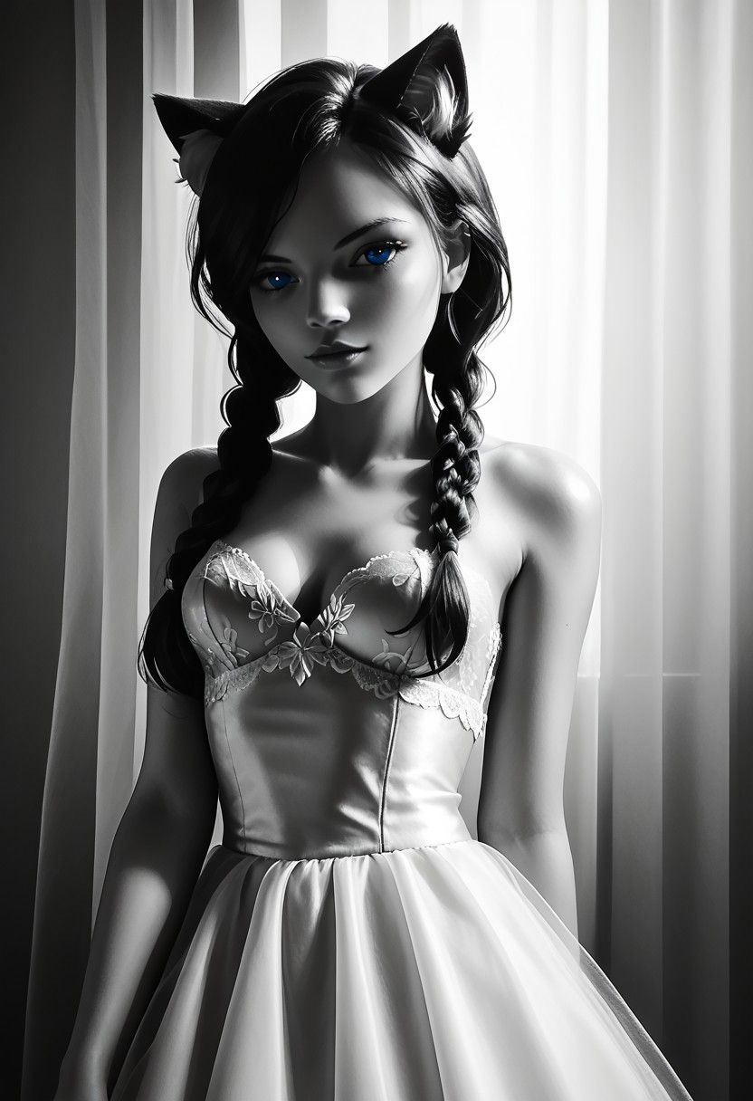 score_9, score_8_up, score_7_up, source_photo, Ultra detailed, dark theme, dim lighting, black theme, dark room, monochrome,
dark lit bedroom, low lighting, shadows, black hair, long hair, lilykat, cat ears, animal ear fluff, bangs over one eye, low twin braids, non monochrome blue eyes, colored eyes, thin eyebrows, perfect face, sexy, sexy girl, beautiful eyes, glossy lips, medium perky breasts, lace wedding dress, standing