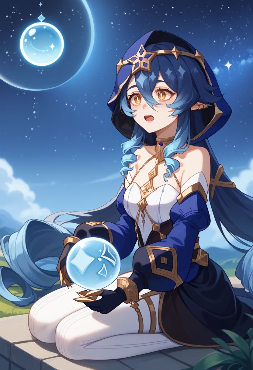 score_9, score_8_up, score_7_up, source_anime, 1girl, layladef, blue hair, yellow eyes, drill hair, hair between eyes, drill sidelocks, twin drills, pointy ears, blue hood, jewelry, neck ring, bare shoulders, detached sleeves, juliet sleeves, puffy long sleeves, claw ring, black gloves, white pantyhose, bags under eyes, thighlet, light smile, surprised, open mouth, exhausted, wariza, kneeling, looking up, outdoors, starry sky, moon, night, orb, close-up, <lora:Layla_v1-000010:1>