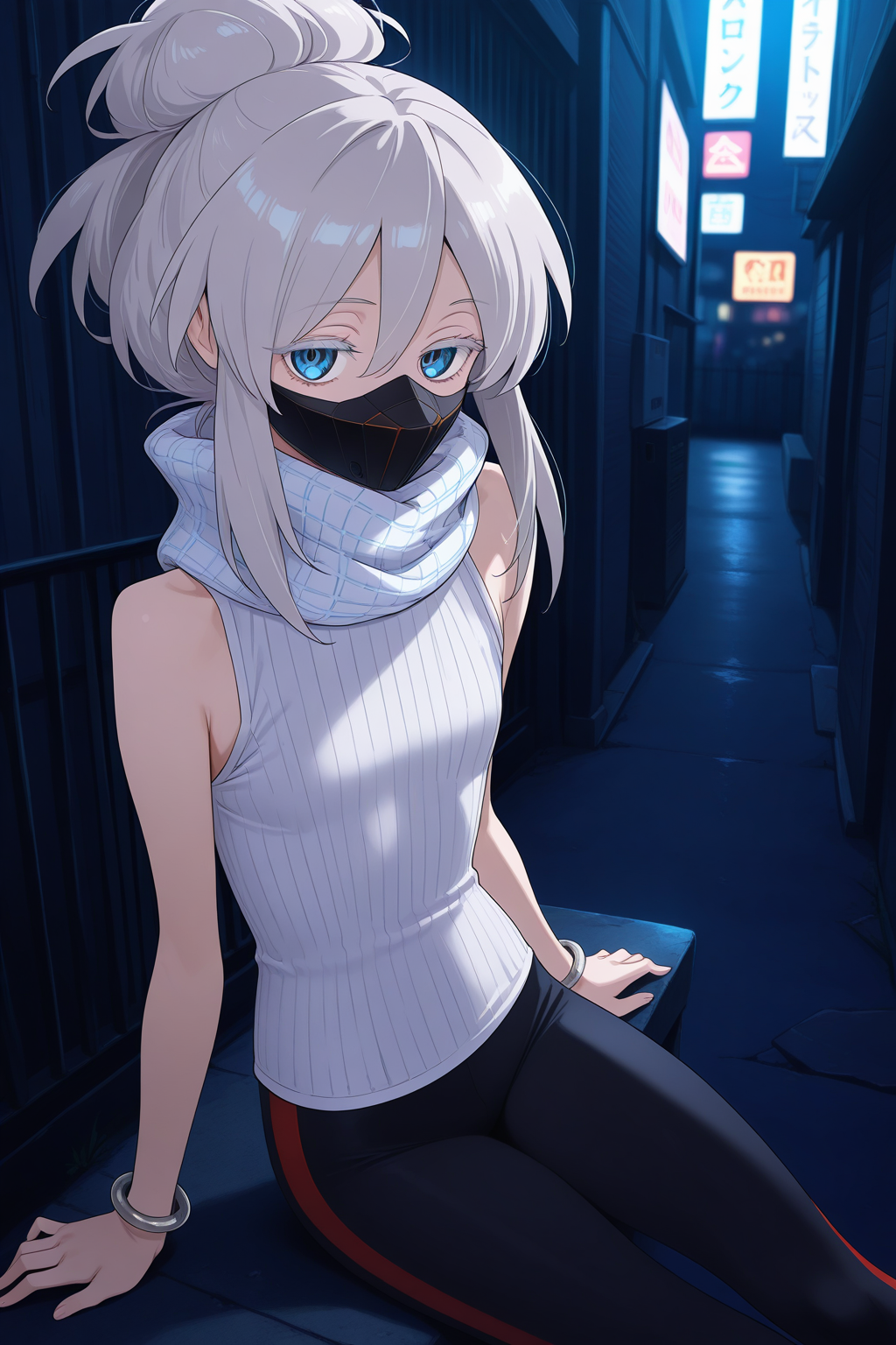 1girl,
DeuxMurasameGundamGQ, DMNormalOutfit,
general, solo, perspective, 
grey hair, blue eyes, colored eyelashes, collarbone,
jitome,
mouth mask,
white scarf, plaid, sleeveless shirt, white shirt, bangle,
black leggings, 
looking at viewer, sitting, swinging legs, arm support,
night, alley, neon, rim lighting, fence,
depth of field,
<lora:kp_DeuxMurasameGundamGQIllustrious_v1_0:1.0>,
masterpiece, best quality, amazing quality