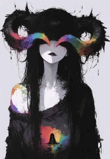r17329_illu,  xxx667_illu,   colorful, rainbow palette, sketch, masterpiece, amazing quality, very aesthetic, detailed eyes, detailed face, detailed skin, simple background, BREAK
1 girl, long black hair, straight hair, messy hair, black demon horns protruding from her head, blunt bangs covering her eyes, wearing dark makeup, deep black lipstick, shadowed expression reflecting sadness andYou intensity, BREAK the lighting is moody and dramatic, dim tones casting soft shadows, pale skin, dark oversized sweater, slightly slipping off one shoulder