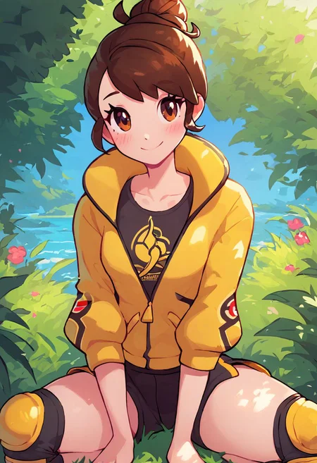 score_9, score_8_up, score_8, medium breasts, (curvy), cute, eyelashes, gloria (pokemon),
gloriaDojo, yellow jacket, black shirt, black shorts, knee pads, short hair, single hair bun, collarbone,
upper body, outdoors, kneeling, smile, blush,
sunny day