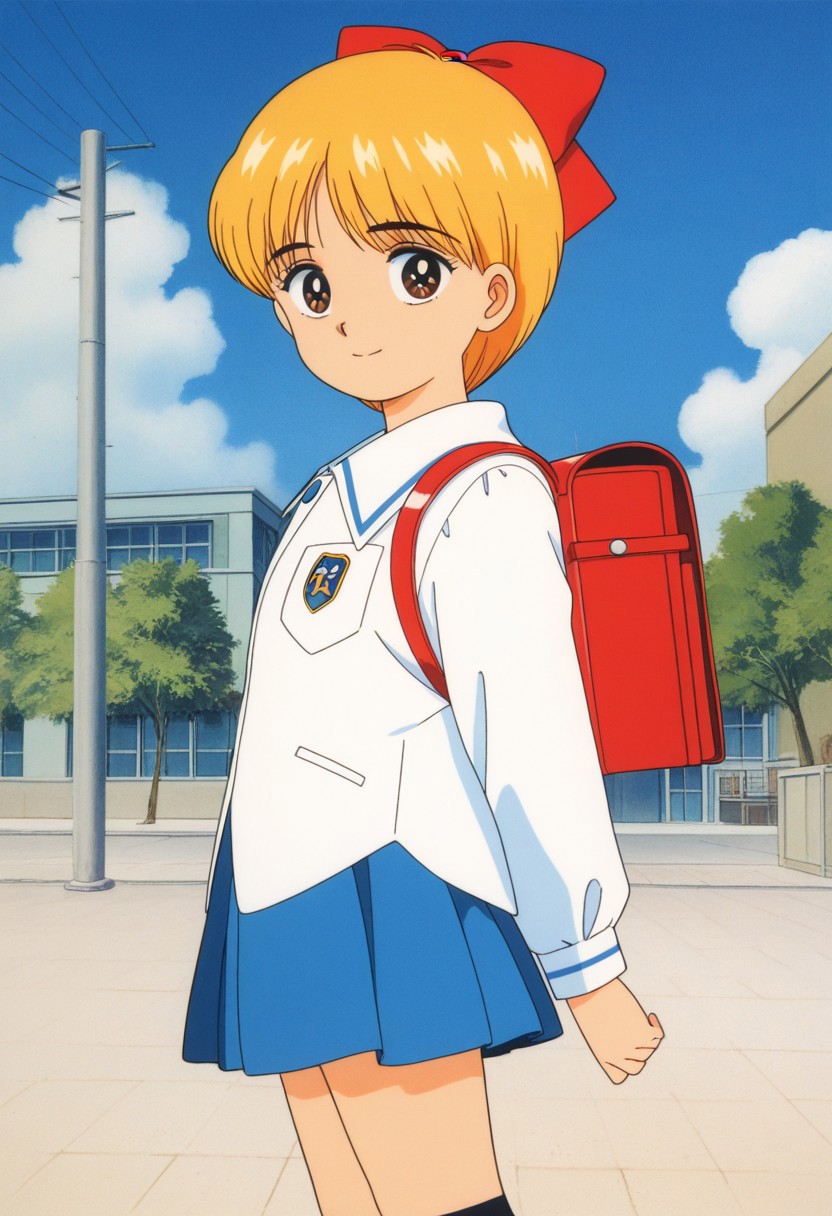 masterpiece, best quality, source_anime,official art,perfect_anatomy,1990s_\(style\),retro_artstyle,1girl, Himeko_Nonohara, brown_eyes, blonde_hair, red_bow, hair_bow,school uniform,Long-hemmed shirt,skrit,kneehighs,(looking_at_viewer,smile),randoseru,school_bag,cowboy shot,from side,close to viewer,day,blue_sky,cloud