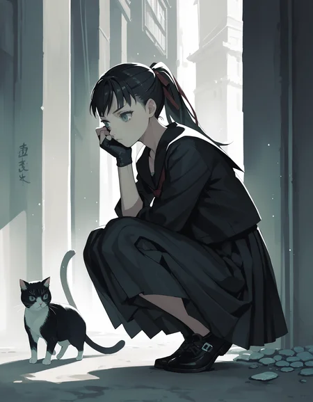 score_9,  score_8_up, score_7_up
<lora:George_Kamitani__Various_Vanillaware_GamesArtists_Art_Style_Blend:0.5> <lora:13sentinels-ponyxl-000040:0.8>
takamiya, black hair, grey eyes, ponytail, black serafuku, long skirt, fingerless gloves, 1girl, cat, squatting