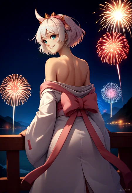 score_9, score_8_up, score_7_up, source_anime, from behind, solo, 1girl, striveelphelt, smile, looking back, ahoge, hairband, white kimono, off shoulder, pink sash, bare shoulders, fireworks <lora:guiltygear_strive_elphelt_ponyXL:1>