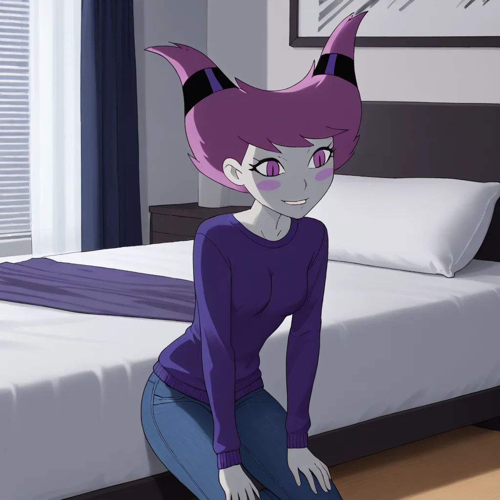 <lora:jinxteentitans_pony_v1:.9> Jinx, 1girl, purple eyes, purple hair,  horns, blush stickers, short hair, colored skin,  bedroom, sweater, jeans