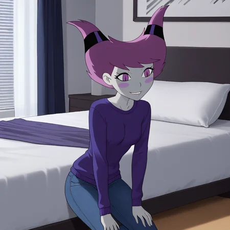 <lora:jinxteentitans_pony_v1:.9> Jinx, 1girl, purple eyes, purple hair,  horns, blush stickers, short hair, colored skin,  bedroom, sweater, jeans