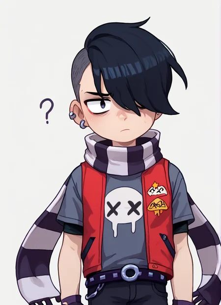 score_9, score_8_up, score_7_up, <lora:bsedgar:1>bsedgar , 1boy ,red vest , short hair , black hair, hair over one eye, ear piercing, solo,striped scarf grey shirt, short sleeves, belt , black pants ,black gloves, fingerless gloves, black nails, <lora:PossumMachine:1>posmach , confused, looking at viewer, , ??? , simple background, ??,