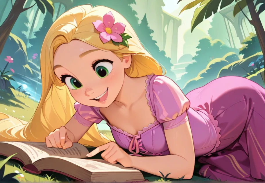 masterpiece, best quality, amazing quality, very aesthetic, absurdres, newest, detailed background, cowboy shot, outdoors, dynamic angle,
rapunzelxd, 1girl, blonde hair, solo, flower, long hair, hair flower, hair ornament, smile, book, green eyes, reading, dress, open mouth, lying, on stomach, open book, pointing
<lora:Rapunzel_-_Disney_Illustrious:1>
