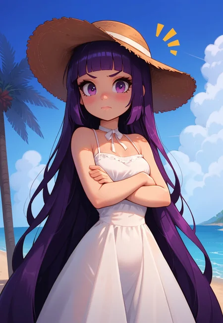 high detail, Smooth, sharp lines, score_9_up, score_8_up, detailed, masterpiece, super cute style, 1girl, solo, long hair, looking at viewer, blush, bangs, hat, dress, bare shoulders, very long hair, closed mouth, standing, purple eyes, purple hair, cowboy shot, sleeveless, blunt bangs, white dress, v-shaped eyebrows, bare arms, sleeveless dress, crossed arms, straw hat, sundress, notice lines, beach