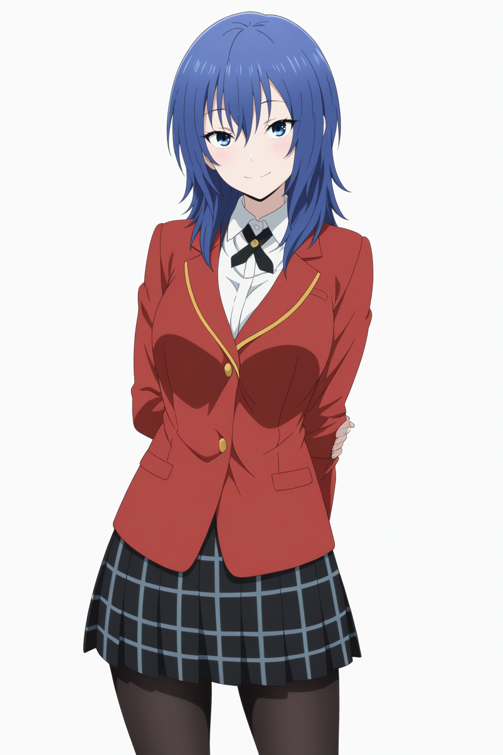 masterpiece, best quality, amazing quality, 
1girl ,solo, standing, (white background, blank background, looking at viewer:1.2), cowboy shot, smile,  cross tie, collared shirt, white shirt, checkered skirt, pleated skirt, black skirt, black pantyhose, red jacket, (aged up:1.2), natural pose, Main Outfit,
<lora:il_contrast_slider_d1 (Ð¦ÐÐÐ¢ ÐÐÐ Ð¢ÐÐÐÐ):-0.8>
 <lora:Chika Suzugamori:0.8> chika_suzugamori, 1girl,