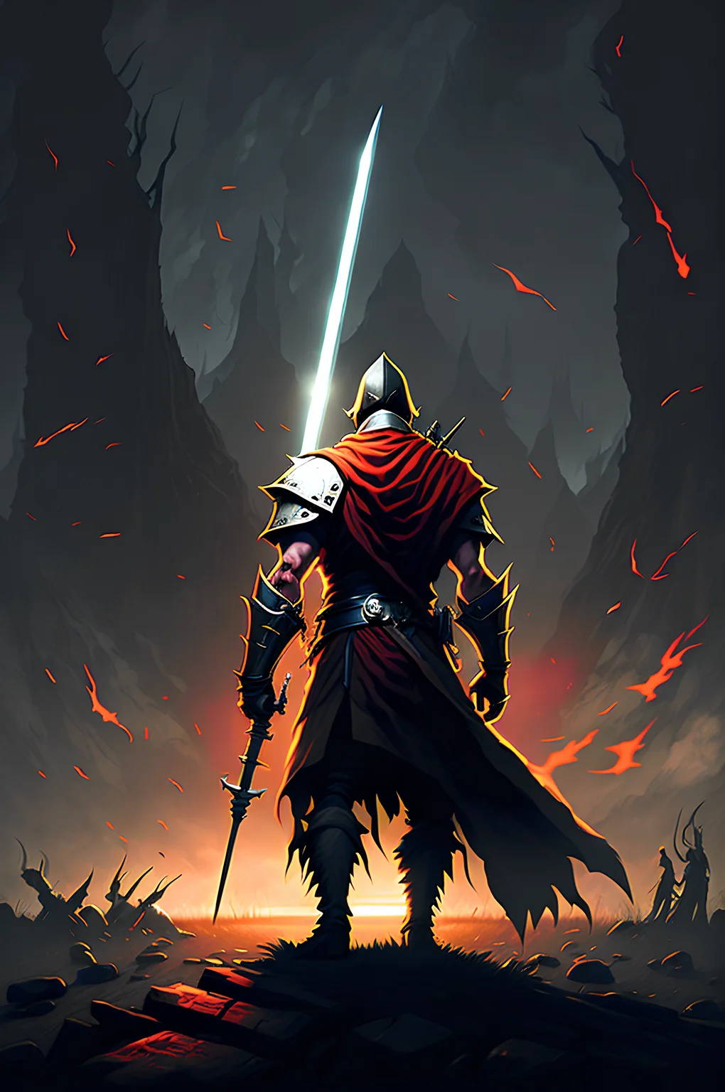 sword:1, sword hold,soul-like game,1man,misty,blood,war,dark sky,wide field,many dead body,fighting,mid age