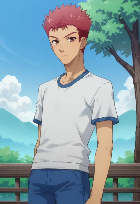 score_9, score_8_up, score_7_up, source_anime, highly detailed,
yujisakamoto, 1boy, male focus, red hair, solo, spiked hair, brown eyes, gym uniform, short sleeves, pants, upper body,
outdoor, sky, tree