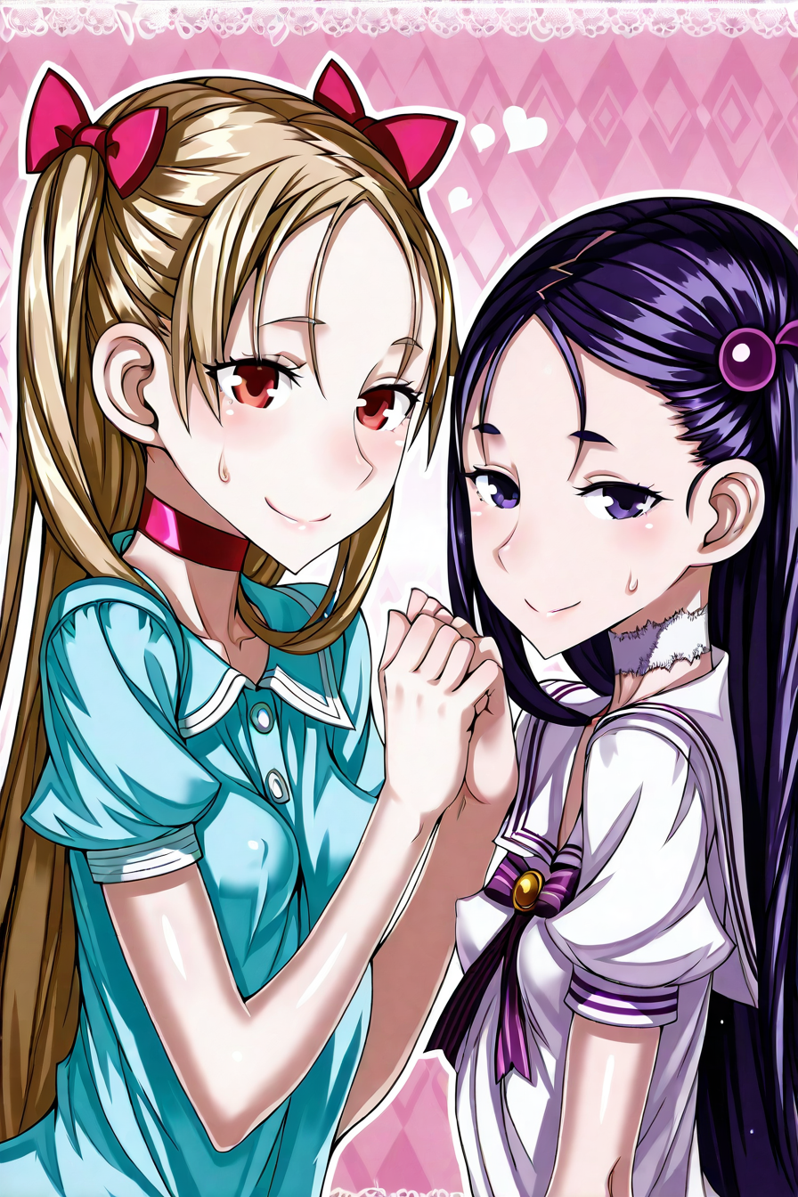 shiny skin, posing,
<lora:raita.il:1>,
raita,
2girls, 
yui, kotone, 
safe, general, 
upper body, 
casual fashion,