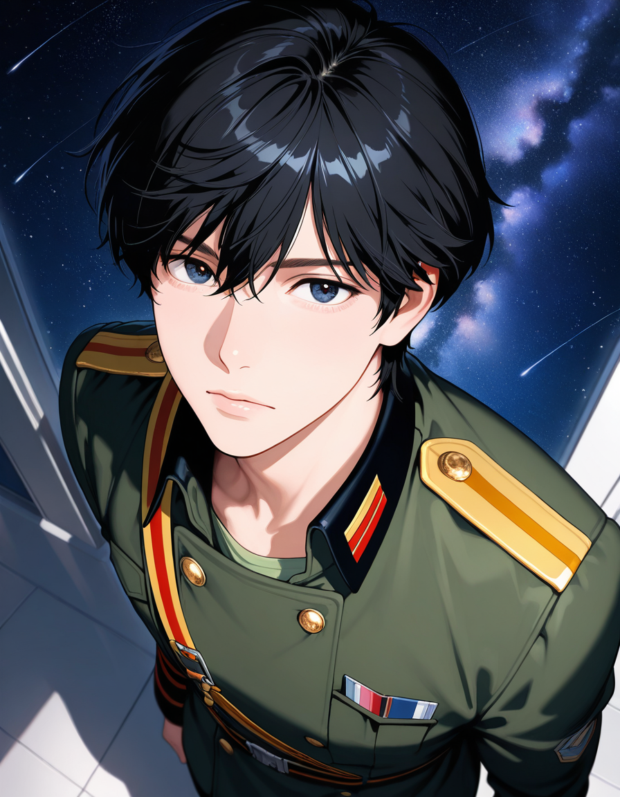 masterpiece,best quality,amazing quality,very aesthetic,high resolution,ultra detailed,perfect details,
masterpiece,best quality,good quality,1boy,solo,male focus,military uniform,star \(sky\),hyper_galaxy,shadow,close-up,looking at viewer,from above,<lora:pony_xl_Yang:1>,yang,no beard,(age up:2),black hair,green clothes,