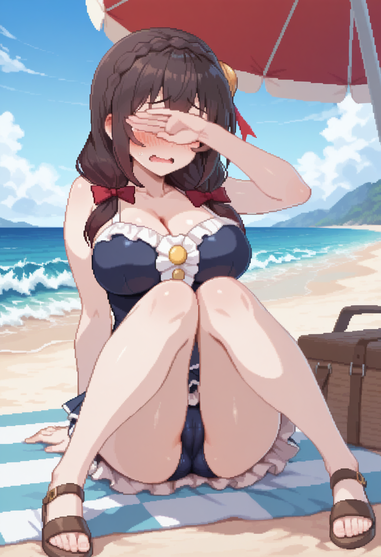 masterpiece, best quality, amazing quality, tinia etru, 

1girl, solo, yunyun \(konosuba\), full body, 

one-piece swimsuit, frilled swimsuit, cameltoe, 

sitting, on ground, v legs, knees together feet apart, arm support, 

covering eyes, 

looking away, embarrassed, nervous, wavy mouth, 

outdoors, beach, sand, waves, beach umbrella, beach towel, 