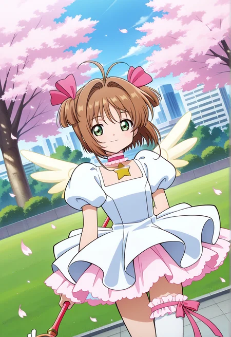 outdoor, trees, grass, cityscape, floating leaves, flowers,
BREAK,
{open smile|light smile},
{full body|cowboy shot}, (posing:0.4),
dynamic angle,
BREAK,
<lora:sakuraS_illustriousXL_v03:0.9>
kinosakuast, short hair, brown hair, hair ornament, two side up, pink hairtie, ahoge, green eyes,
angel wings, white dress, puffy sleeves, short sleeves, pink skirt, layered dress, choker, star choker, single thighhigh,
leg ribbon, white thighhigh, white footwear, white shoes, star shoes,
star wand, holding wand, starwand,, source_anime, very aesthetic, anime coloring, masterpiece,
best quality, amazing quality, ultra detailed, very aesthetic,
detailed background,
BREAK,