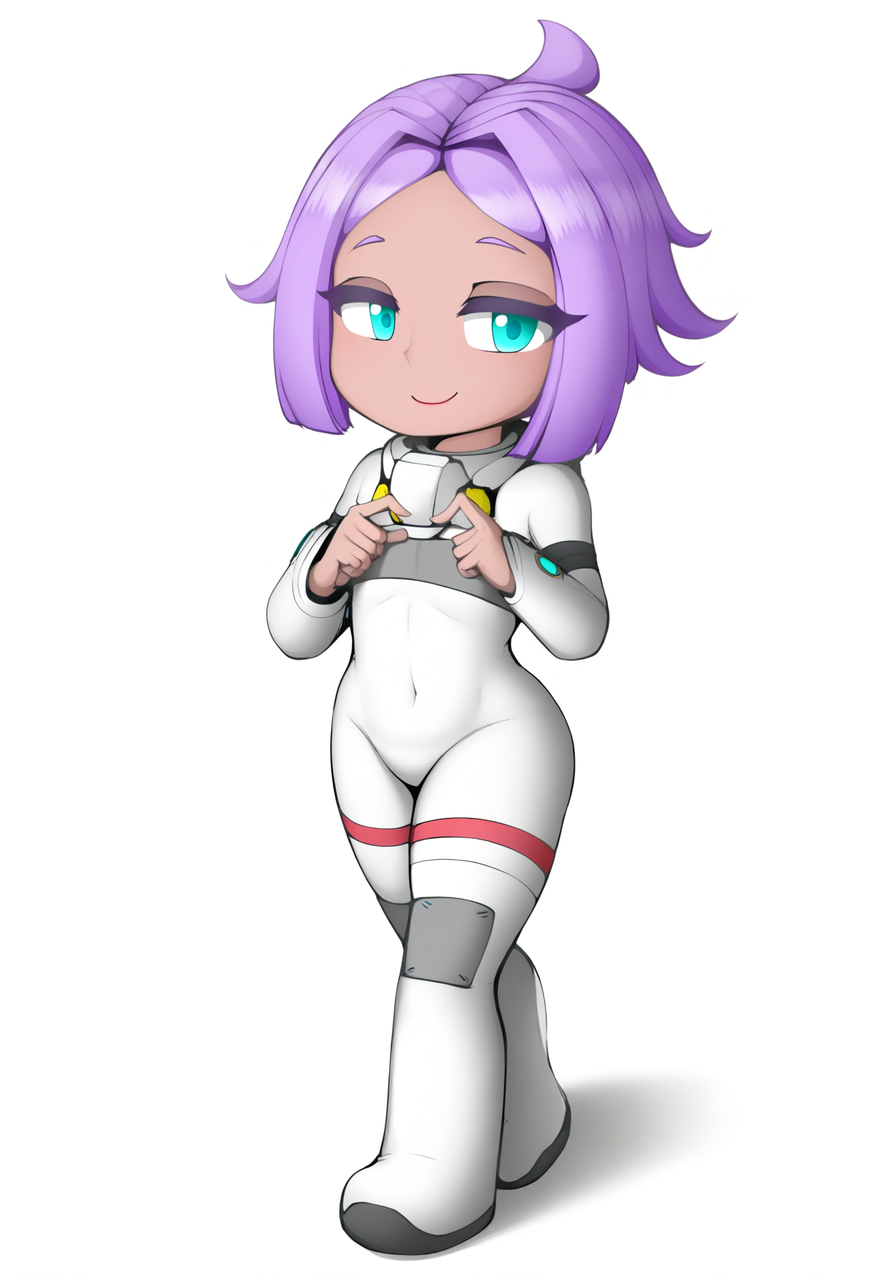 best hands, 5 fingers, <lora:coco(Various styles)_IL1.3:1>full body, looking at viewer, seductive pose
coco, 1girl, solo, purple short hair, blue eyes, ahoge, aqua eyes, dark-skinned female, parted bangs, smile, flat chest, 
covered navel, white bodysuit, 
Team-io_coco_style
white background,