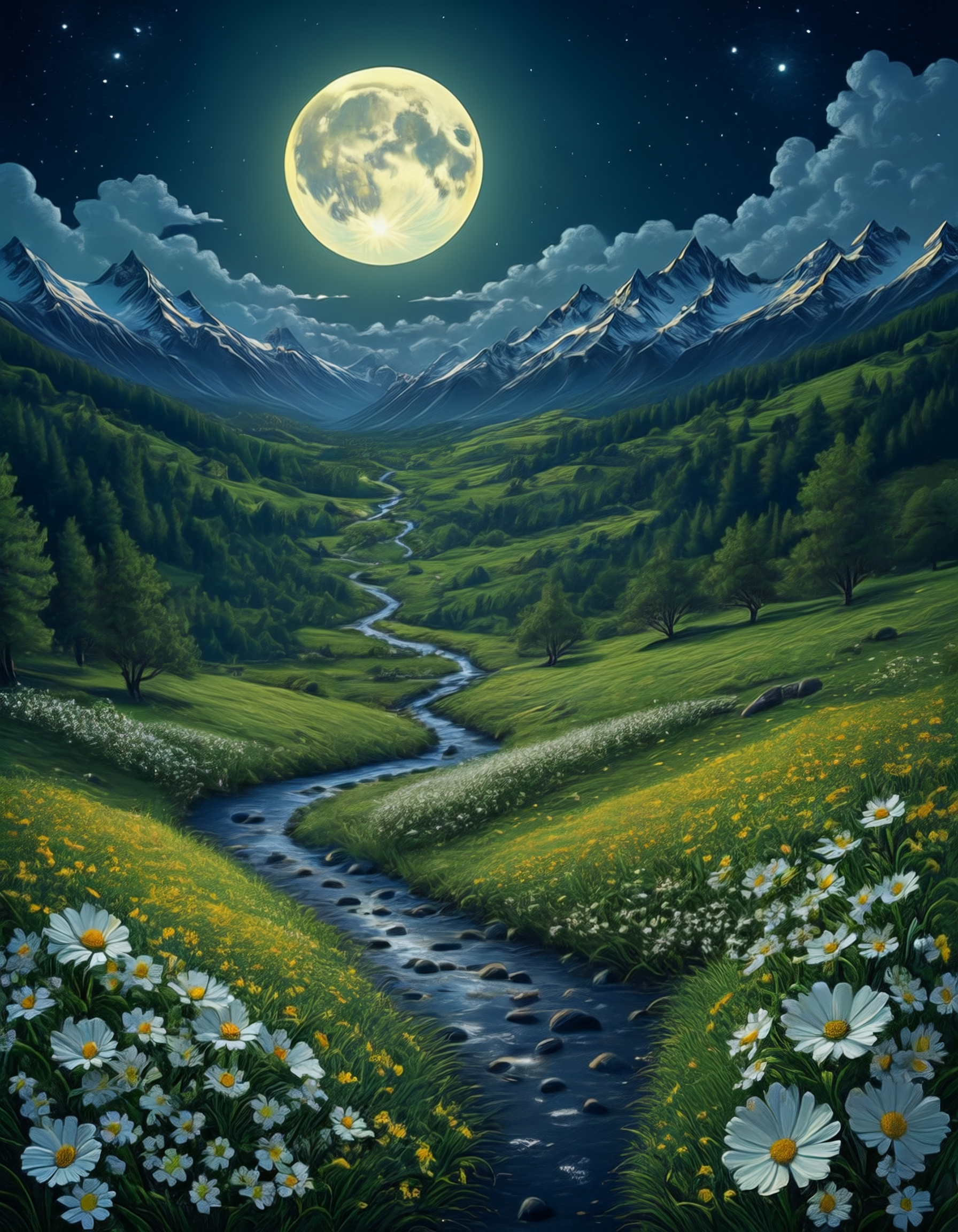 Digital painting with a surreal clarity showcasing a full moon lighting up a serene, brightly blossoming meadow featuring a winding stream, surrounded by lush green grass dotted with white flowers and yellow blossoms, flanked by snow-laden trees, with misty mountains and a gradually darkening twilight sky in the background.