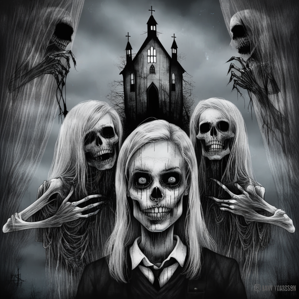 star \(sky\), digital art, with a skeleton in the background, david firth, blonde hair, comic, dan mumford, school uniform, necktie, auto-destructive art, alexander jansson, galaxy, a character portrait, curtains, claws, contemporary art, ed roth, cloud, monochrome, oral, ocean, pubic hair, horror_cg, aurora, fine art parody, skull, a woman with a creepy face and a church in the background with a cross on top of her head