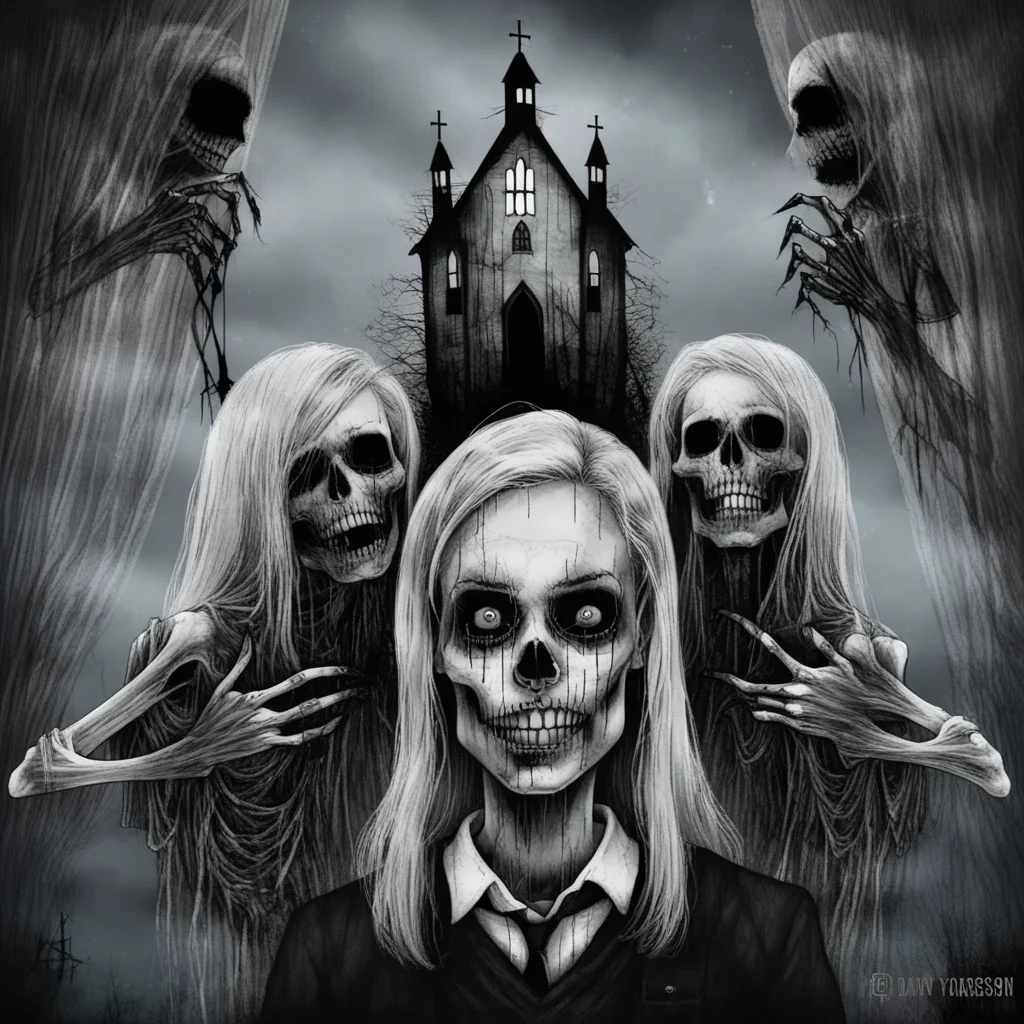 star \(sky\), digital art, with a skeleton in the background, david firth, blonde hair, comic, dan mumford, school uniform, necktie, auto-destructive art, alexander jansson, galaxy, a character portrait, curtains, claws, contemporary art, ed roth, cloud, monochrome, oral, ocean, pubic hair, horror_cg, aurora, fine art parody, skull, a woman with a creepy face and a church in the background with a cross on top of her head