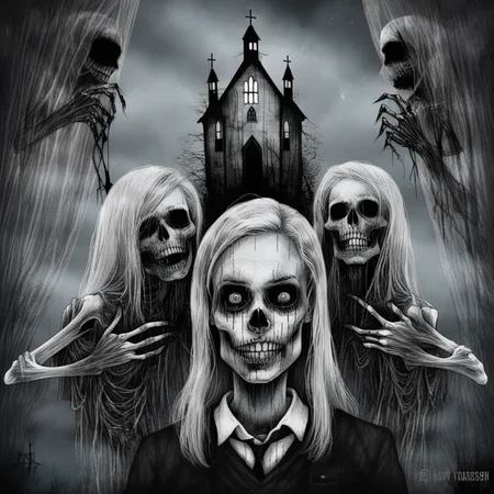 star \(sky\), digital art, with a skeleton in the background, david firth, blonde hair, comic, dan mumford, school uniform, necktie, auto-destructive art, alexander jansson, galaxy, a character portrait, curtains, claws, contemporary art, ed roth, cloud, monochrome, oral, ocean, pubic hair, horror_cg, aurora, fine art parody, skull, a woman with a creepy face and a church in the background with a cross on top of her head