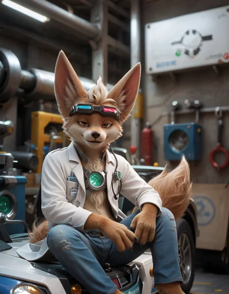 score_9, score_8_up, score_7_up, BREAK (anthro, furry:1.1), depth of field, cinematic lighting, masterpiece, detailed hands, detailed face, best quality, ultra realistic, 4k, 2k, film photography, RAW photo, photorealistic, analog style, subsurface scattering, photorealism, embedding:unaestheticXL_bp5, embedding:zPDXL,(best quality, high quality, 8K:1.5), <lora:add-detail-xl:2.5>, <lora:fix_hands.safetensors:2.0>, <lora:2.5DRealisticV2.safetensors:0.2>, <lora:sinfully_stylish_SDXL.safetensors:0.6>, <lora:AdvancedEnhancerXLv2.safetensors:1.0>, (hi res), ((masterpiece)), ((best quality)), illustration, <lora:Chip_the_Fox_Mobile_Legends.safetensors:0.7>, anthro, furry, chip the fox, fennec fox, 1boy, animal feet, sunglasses, blurry background, tan fur, smile, goggles, body fur, fox ears, tail, 3 toes, chest tuft, cheek tuft, eyewear on head, machine (close-up, standing, garage, doctor's uniform,lab coat,pants, sleepy:1.25) solo, looking_at_viewer, smile, shirt, black_hair, 1boy, sitting, jacket, male_focus, pants, grin, facial_hair, denim, jeans, realistic