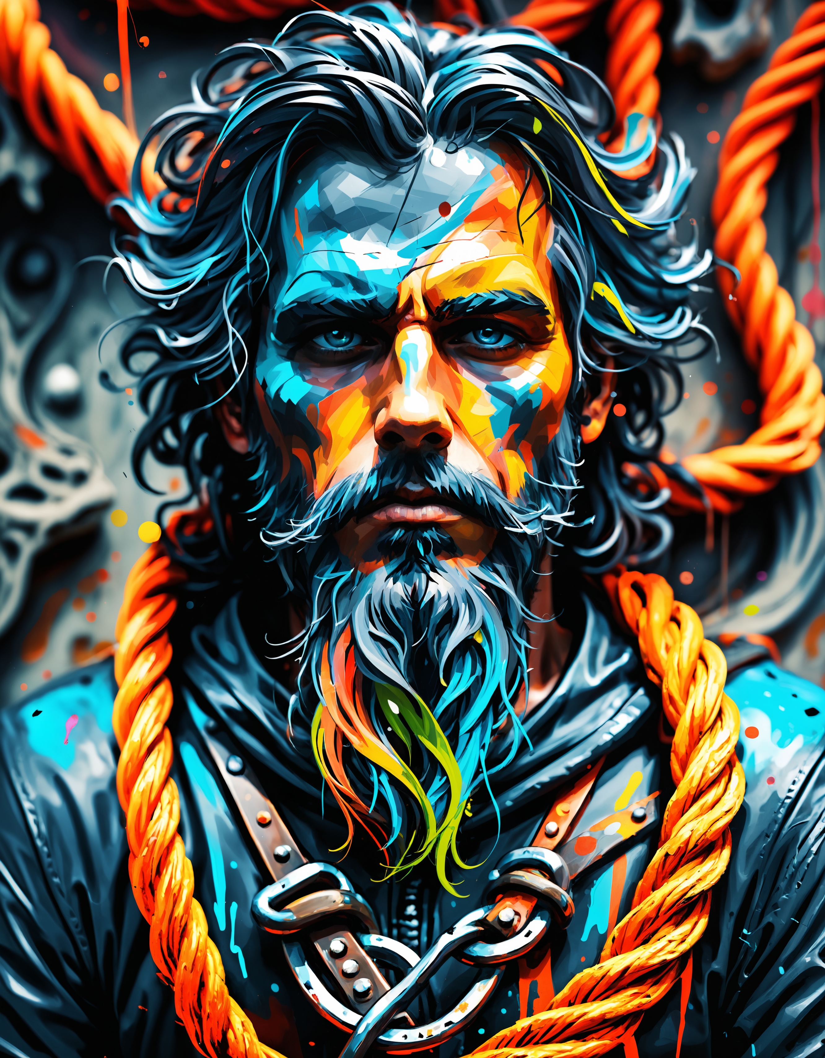 zavy-lqdprtrt, liquid paint, Kindhearted stout Man as a Thunderer, Vibrant Rope, background is Geeky Forgotten graveyard, Vivid, Depressing, messy hair, sharp focus, stunning detail, cinematic perfect intricate stunning fine detail, perfect symmetry, illustrious, magnificent, cinematic, vivid colors