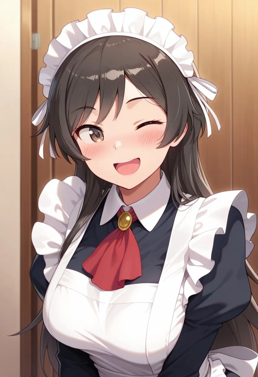 masterpiece,best quality,amazing quality, matsumoto kouko, long hair, black hair, grayish-brown eyes, 1girl, one eye closed, maid, solo, maid headdress, open mouth, apron, smile, upper body, ;d, blush, red ascot, maid apron, ascot