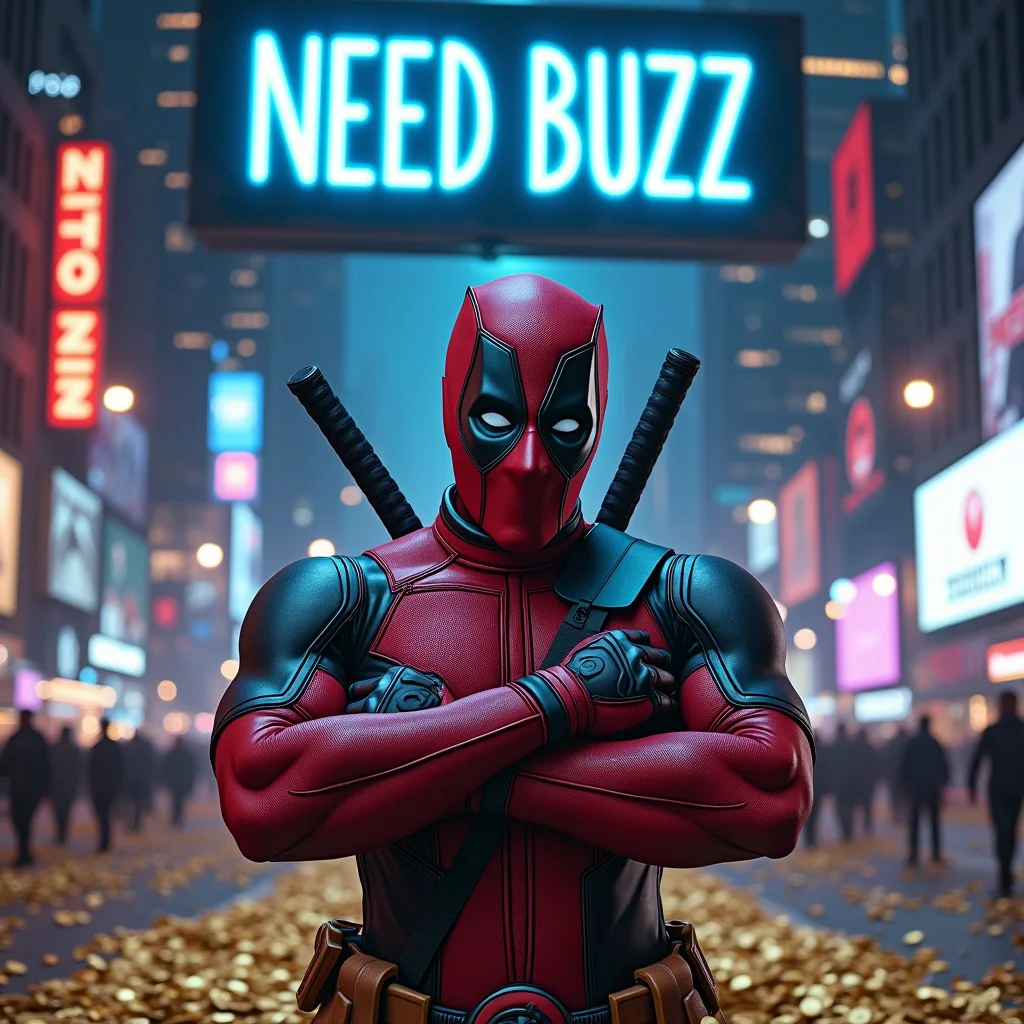 A dynamic scene featuring Deadpool in a chaotic, neon-lit cityscape at night. Deadpool stands in the center, striking a dramatic pose with his signature katanas crossed over his chest, his iconic red and black suit gleaming under the vibrant lights. Around him, the ground is littered with golden coins, each stamped with a lightning bolt symbol. Above his head, a large, glowing billboard displays the bold, flashing words "NEED BUZZ" in electric blue letters. The background is filled with towering skyscrapers, billboards, and holographic ads, all reflecting the urgency of the moment. Deadpool's expression is intense yet playful, with his eyes narrowed and a mischievous grin visible beneath his mask, embodying the desperate yet exhilarating need for Buzz.