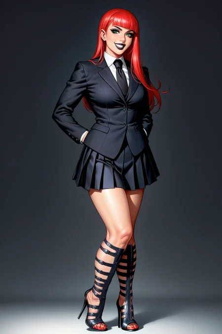 score_9, score_8_up, score_8, score_7_up, source_anime,
1girl, masterpiece, best quality, highschool theme, girl as a goth, black makeup, black lips, blunt bangs, voluptuous body, green eyes, big lips, lipstick, red hair long hair straight hair,
wearing school uniform, blouse, black shirt with black tie, long sleeves, black pleated skirt, gentle smile, elegant pose, side-angle perspective, detailed textures, cinematic atmosphere, intricate mechanical elements, Gladiator heels, red nails, toenail polish