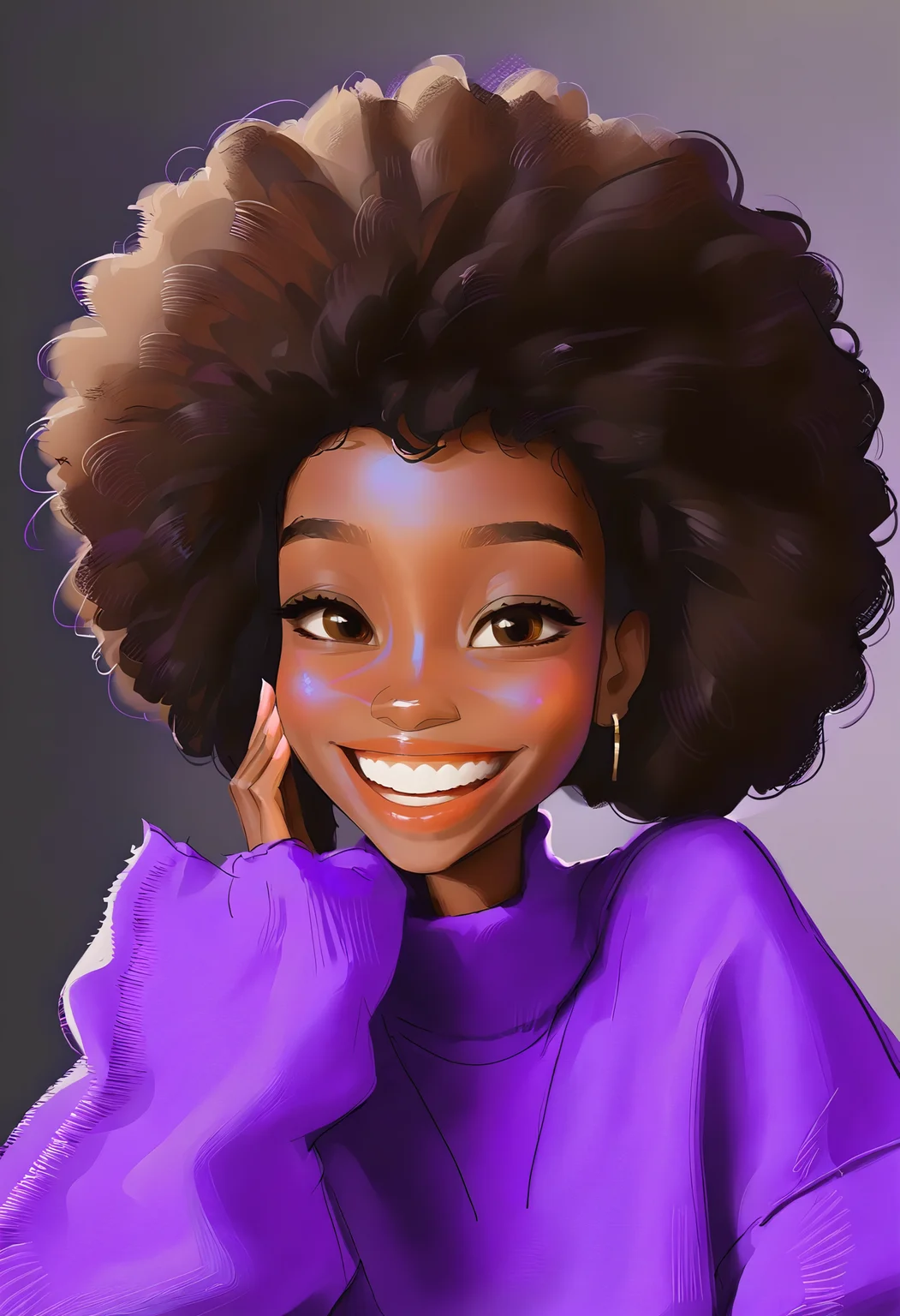 a black skinned woman with a large smile on her face, afro black hair, purple pull over, Samdoesarts Style   <lora:SamdoesartsV1:1>