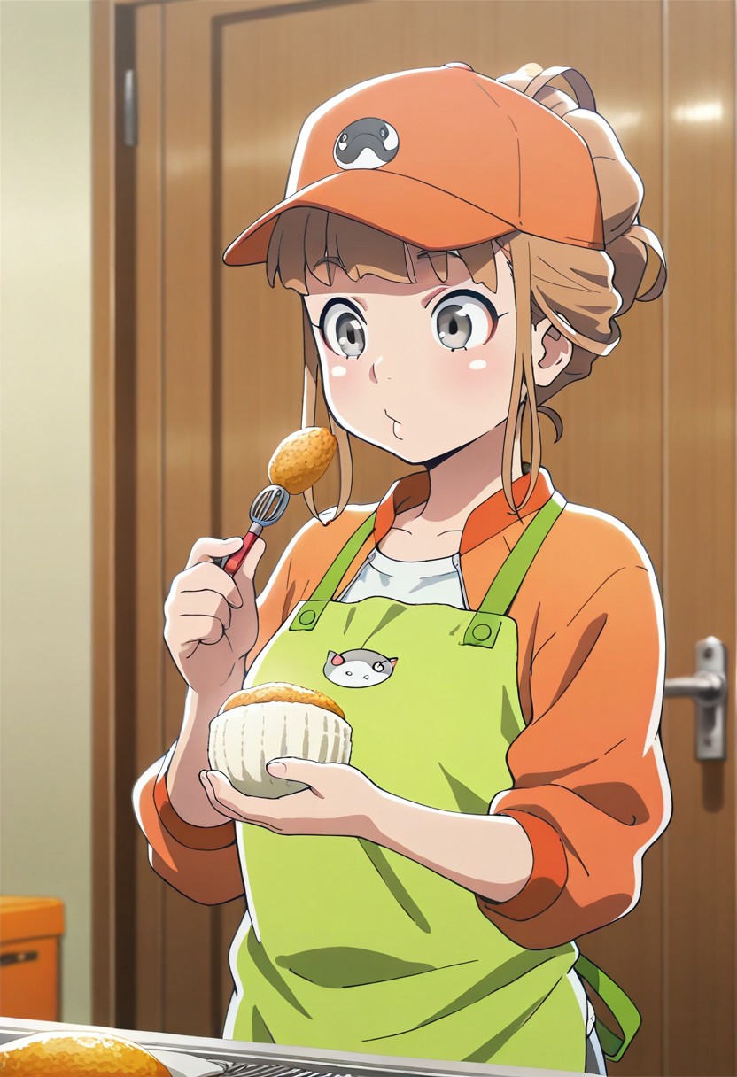 masterpiece,best quality,amazing quality, miyake hinata, brown hair, grey eyes, 1girl, hat, solo, baseball cap, food, door, apron, holding, upper body, orange headwear