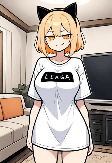 1girl, large breasts, smug, posing, blonde hair, fake black cat ears, oversized baggy white t-shirt, orange eyes, posing, looking at viewer, <lora:blurreal-NoobAI:0.85>, indoors, living room,