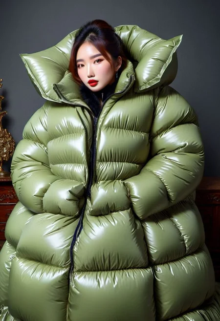 cute  asiatique extra curvy women wearing a ((extra_puffy_jacket)), long downcoat ((parkasite v1.0)
,down bustle dress,
 long_sleeves, down hood, dress, holding, jewelry, sitting,  frills, choker, striped, necklace, lips,  feathers, hand_fan, web_address, dress, realistic,headwear
<lora:Puffer_Jacket_and_Down_Jacket_-_Extra_Puffy_Jackets:0.9>
 <lora:VictorianBustleDress:0.65>
<lora:parkasite:0.8>