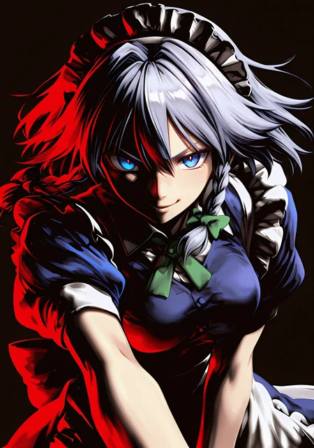 safe_pos, highres, absurdres, masterpiece, best quality, source_anime, izayoi sakuya, 1girl, solo, blue eyes, twin braids, medium breasts, maid headdress, apron, puffy sleeves, pov, looking at viewer, evil smile, dynamic pose, red shadow, black background
