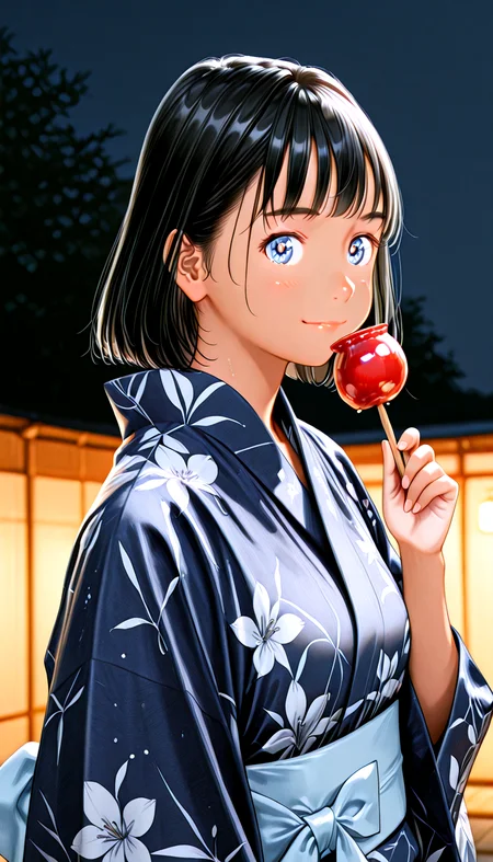 lazypos, masterpiece, best quality, amazing quality, very aesthetic, absurdres, newest, ((ultra detailed hair:1.4)), ((ultra detailed eyes:1.4)),
BREAK
1girl,solo, m1o_manga, black hair, sun-kissed skin, tanlines
Japanese clothing, yukata, navy blue yukata, Light blue obi,
BREAK
Japanese festival, night, upper body
smile
food, candy apple, <lora:Mio_-_100percent_-_mangaSummer_Time_Rendering3-000012:1>
