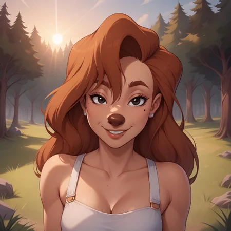 score_9, score_8, BREAK, Roxanne, goof troops, tan skin, brown nose, long wavey red hair, humanoid dog, thick red eyebrows, slim curvy figure, beauty mark, sexy pose, self portrait, smile, outdoors, sunlight, shadows, evening lighting, natural lighting, forest, trees, grass, orange sky, sunset