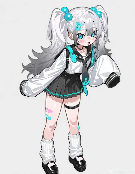amoebayc,1girl,<lora:amoebayc-000020:1>,girl,solo,white background,sleeves past wrists,simple background,twintails,socks,blue eyes,sleeves past fingers,looking in viewers,angs,foul bandaid,bandaid on leg,long hair,blush,loose socks,skirt,long sleeves,black footwear,hair ornament,open mouth,gray hair,standing,platform footwear,thigh strap,, masterpiece, best quality, very aesthetic, absurdres,newest, incredibly absurdres,