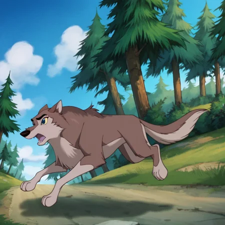 score_9, score_8_up, score_7_up, score_6_up, score_5_up, score_4_up, <lora:Aleu:1>, aleu, open mouth, blue eyes, outdoors, sky, day, blue sky, no humans, colored sclera, dog, animal focus, animalization, 1girl, wolf, animal, body fur, two tone fur, yellow sclera, full body, running, trees,