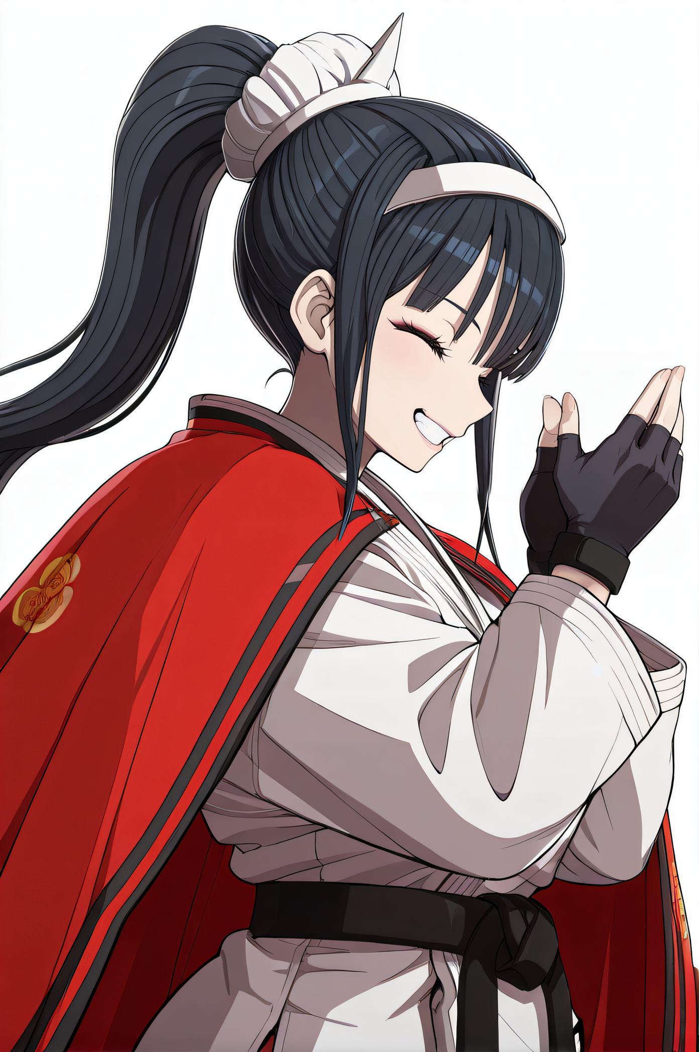 masterpiece, best quality, highres, newest, 1girl, solo, official style, artist cg, <lora:IL_Magadori_Kiyoshika:1>, kiyoshika, black hair, ponytail, closed eyes, red cape, headdress, black fingerless gloves, black belt, dougi, upper body, smile, teeth, hands up, grin