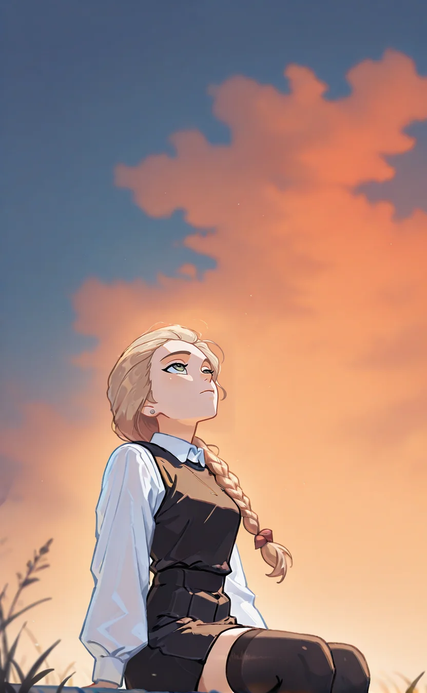blue hour shot of concept art masterpiece, ultra-HD, impressionism (1.5), high detail, depth of field,
katyastik, 1girl, solo, long hair, braid, blonde hair, jewelry, earrings, single braid, green eyes, single braid, stud earrings, hair red bow,
shirt, white shirt, long sleeves, hair bow, stud earrings, vest, collared shirt, black vest, short skirt,
black thighhighs, sitting, sad, expressionless, sky, evening, orange sky, looking up, depth of field, masterpiece, best quality, newest, very awa
<lora:NOOB_vp1_detailer_by_volnovik_v1:1> <lora:DarkerThanBlackIllustrious:1> <lora:katyastik00001:1> dark theme . digital artwork, illustrative, painterly, matte painting, highly detailed. Cool light, twilight, peaceful, moody