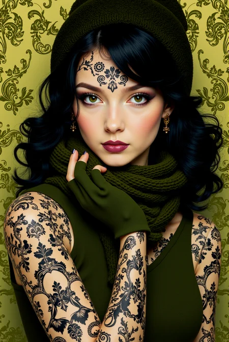 <lora:Ornamental_Patterns:0.7> OrnamentalPatterns style.
Contemporary Art, mesmerizing, Kahlo, Highlights, Futuristic, Aliens, Water, Duchess, Short, Firm, Triangular Face, Dark background, White Hair, Hazel Eyes with Green Flecks, Neat Nose, Small round Lips, Soft neat round Chin, Long Hair, Wavy Hair, High Bun, soft , Dangle earrings, lavender matte lipstick, A velvet midi skirt with a tucked in sweater and ankle boots .
Her entire body including limbs and her face, is covered with clearly visible, black, ornamental pattern tattoo, which contrasts sharply with the light color of her skin. (She wears a gentle smile) on her delicate face adorned with impeccable makeup.