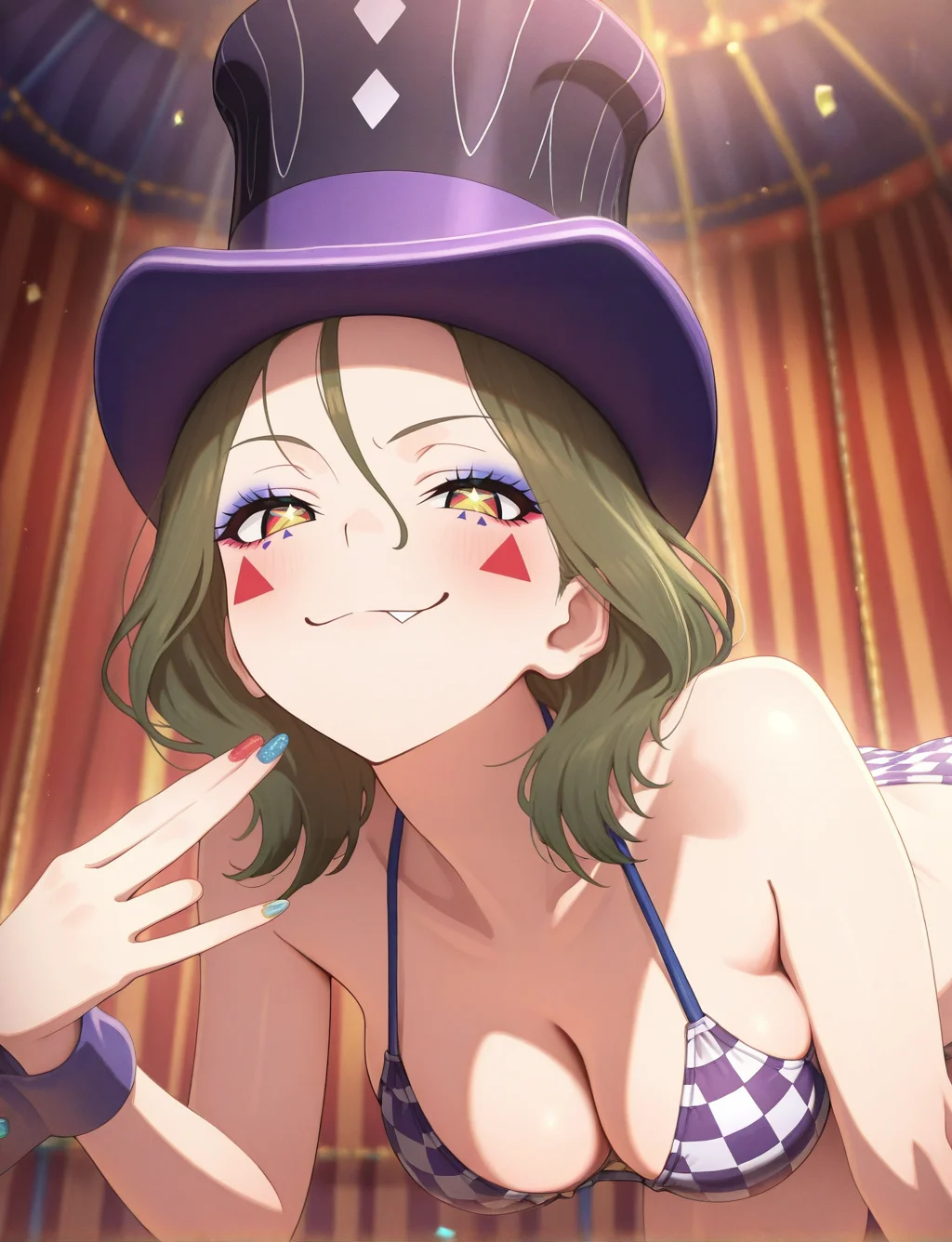 masterpiece,best quality,higres illustration,detailed face,1girl,<lora:IL_circus:1>,circus,checkered bikini,solo,upper body,smug,bent over,top hat,makeup,